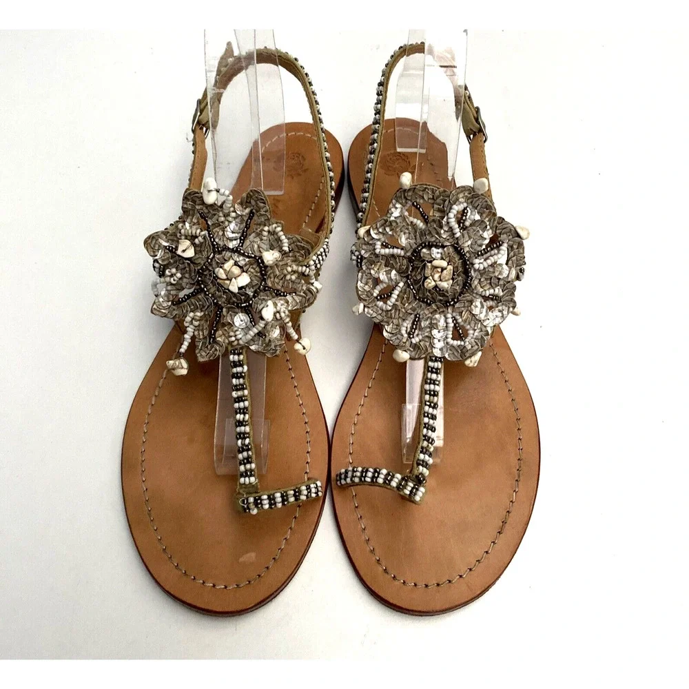 Maliparmi Sandal T-Strap Flat Leather Embellished Thong Sequin Rock Bead…